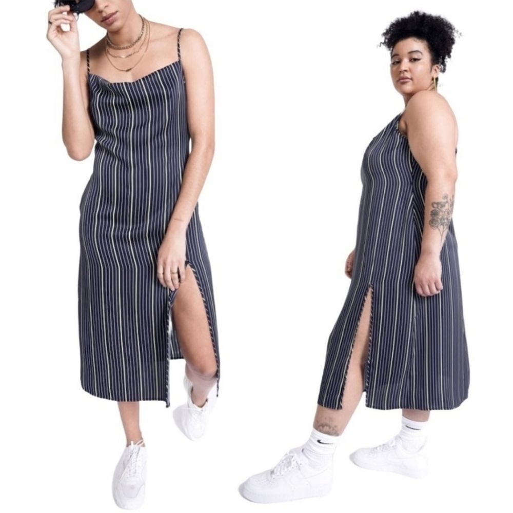 NWT BP X WILDFANG Square Neck Satin Midi Slip Dress In Navy Harlow Pinstripe 2X